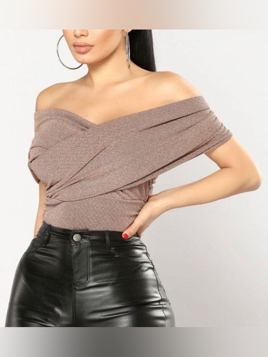 Fashion Nova Tops - Fashion Nova Shimmery Bronze Off-Shoulder Bodysuit